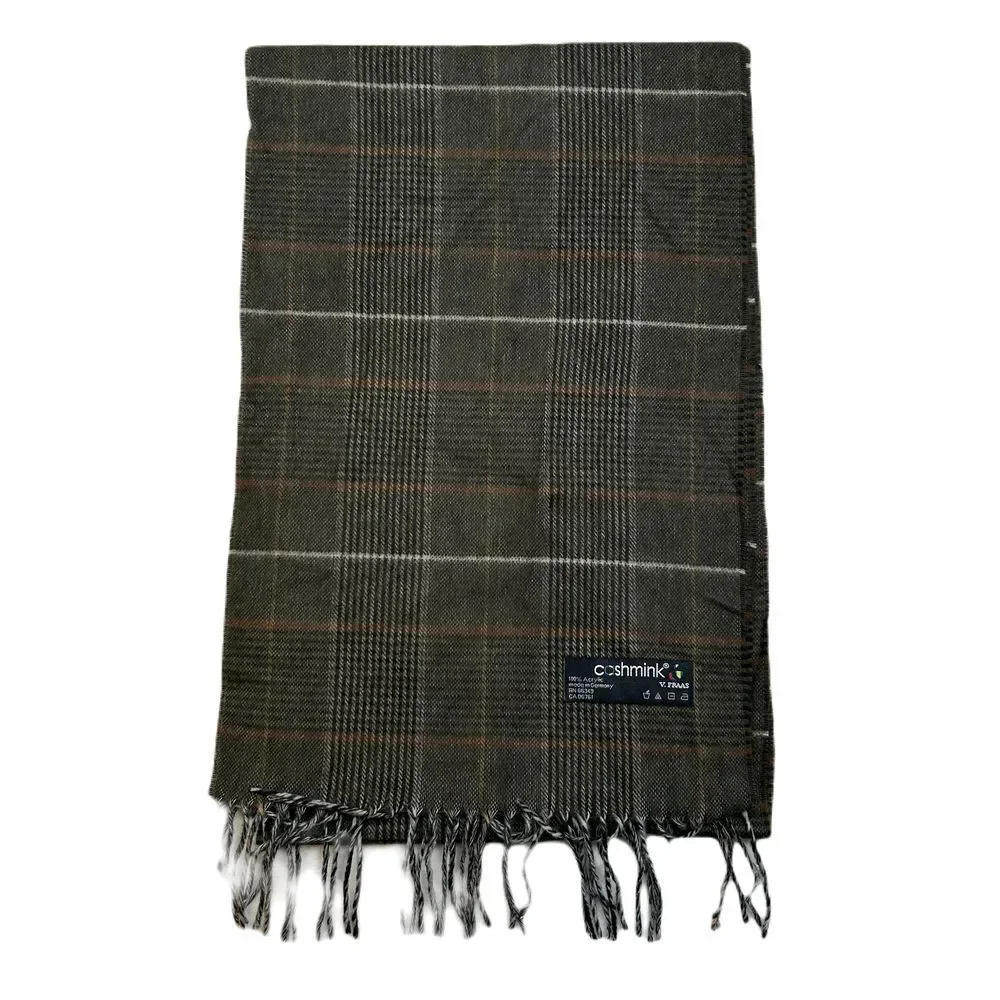 Coshmink V.Fraas Plaid Winter Scarf Gray Brown Windowpane Pattern Fringe Acrylic